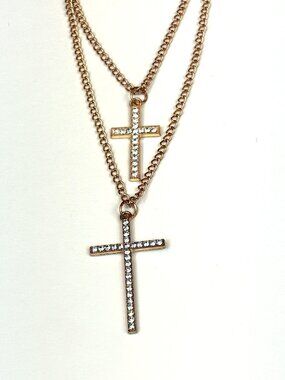 Crystal Collection two rhinestone cross pendants double layered chain necklaces